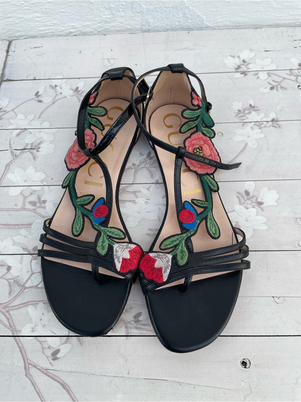 Gucci Black Leather Sandals with Red Floral Embroidery